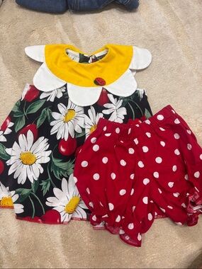 VINTAGE Miss Brooks: Floral Daisy Dress & Red Polka Dot Bloomers Matching Set